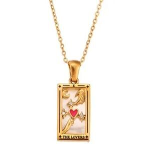 Lovers Tarot Card Pendant Necklace 18K Gold Plated Enamel Rectangle Stai…